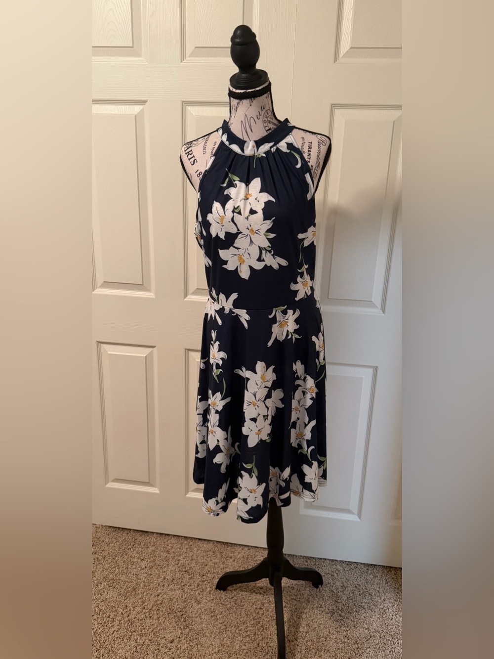 Navy Floral Halter Midi Dress - White Lily Print Tropical Beachy